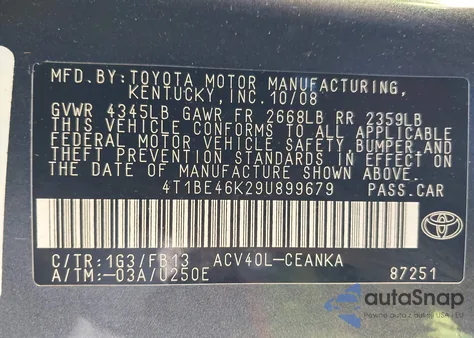2009 Toyota Camry Le z USA, uszkodzony, nr VIN 4T1BE46K29U899679